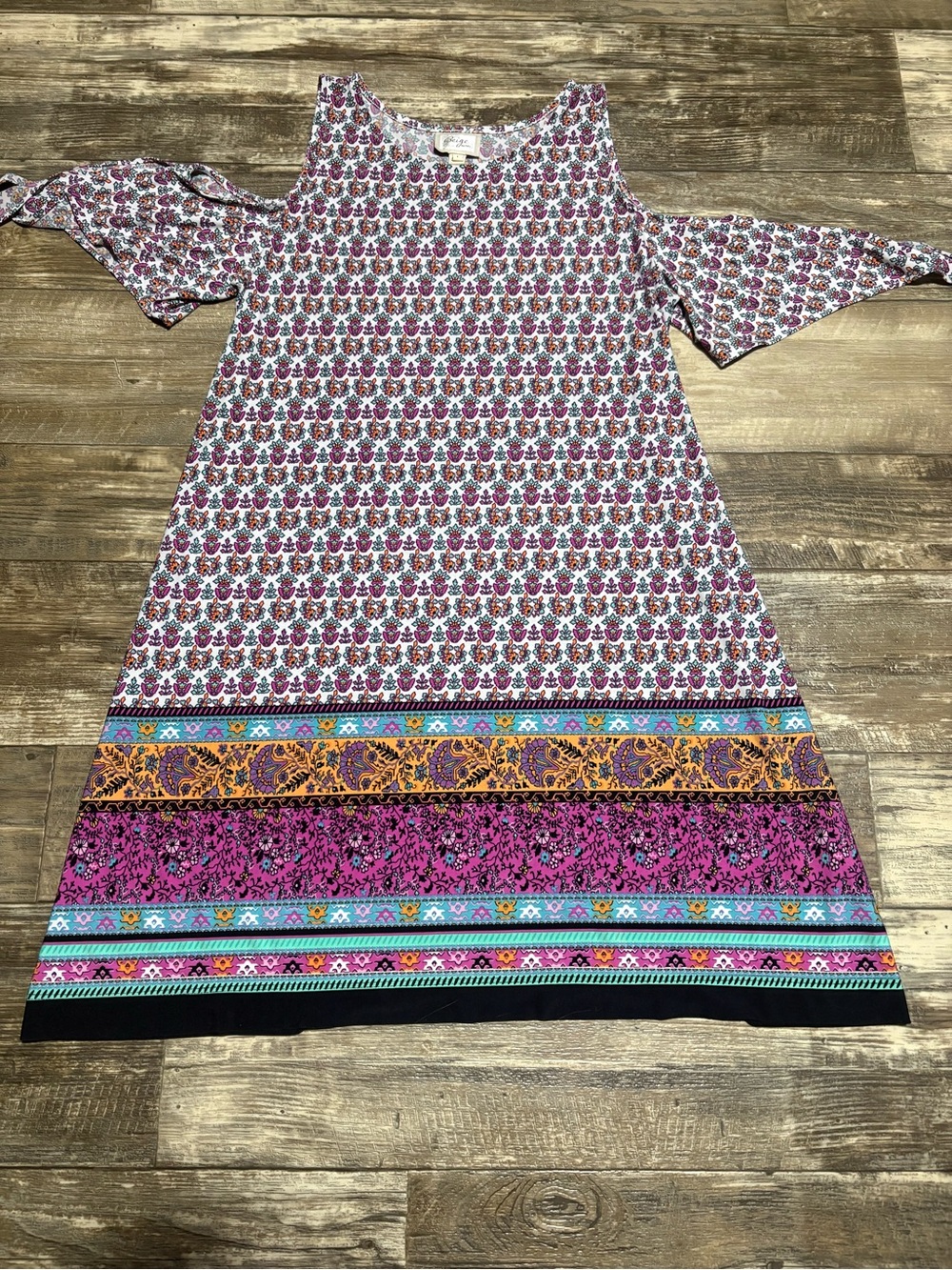Beige by eci Purple and Teal Patterned Cold-Shoulder Midi Dress